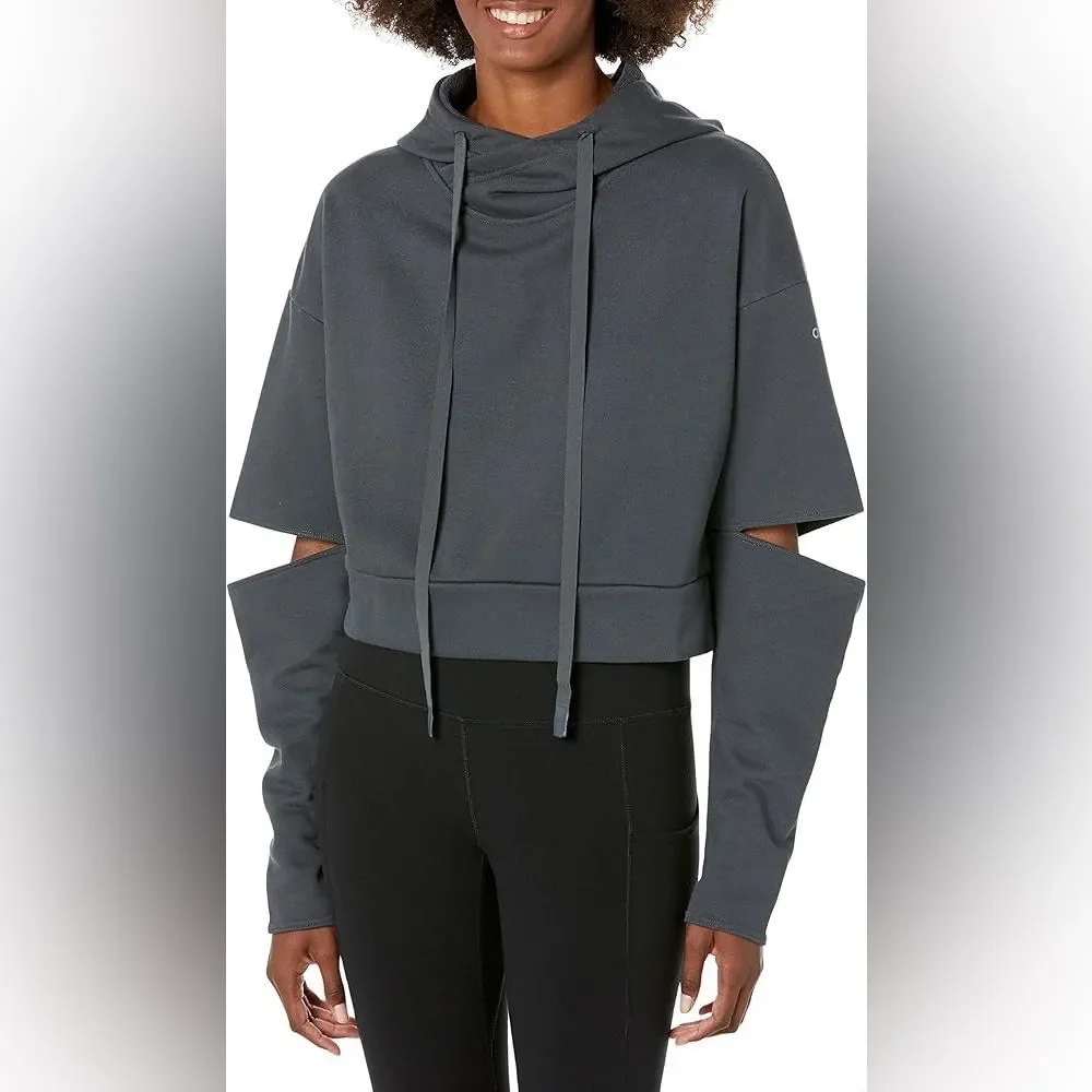 Alo Yoga Peak Cutout Long Sleeve Pullover Crop Hoodie Sweatshirt Charcoal Gray M